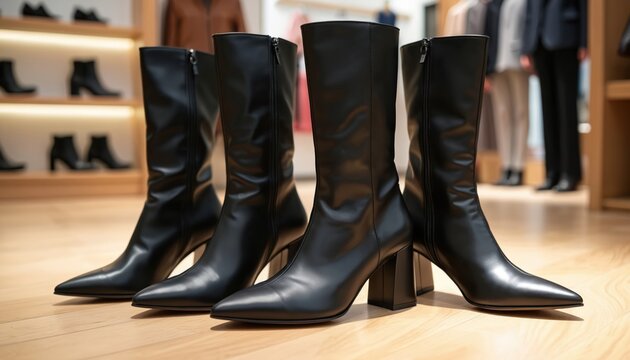 Black leather high heel boots on display in retail store. Elegant footwear available for women, perfect for winter fashion. Stylish shoes for modern outfits.