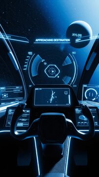 Futuristic Car Interior Dashboard with Neon Blue Lights at Night