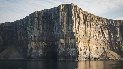 Impressive towering sea cliffs exhibiting dramatic vertical columnar jointing meeting the dark reflective ocean water beneath a bright sky.