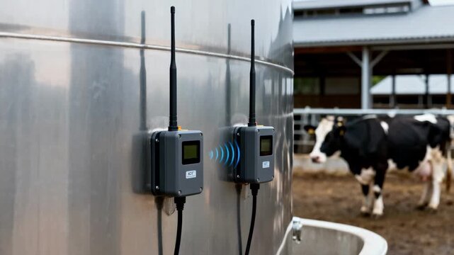 Medium shot capturing external IoT sensor units mounted on milk silo surfaces wirelessly transmitting level and climate data to ensure efficient dairy inventory management.