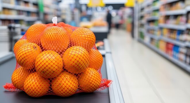 Fresh oranges in a net bag on a supermarket conveyor belt