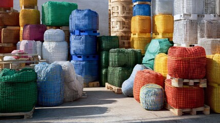 Stacks of colorful wrapped pallets warehouse storage