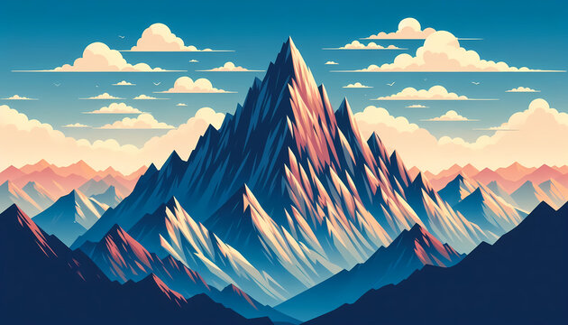 Majestic mountain peak landscape with clouds and blue sky flat vector illustration