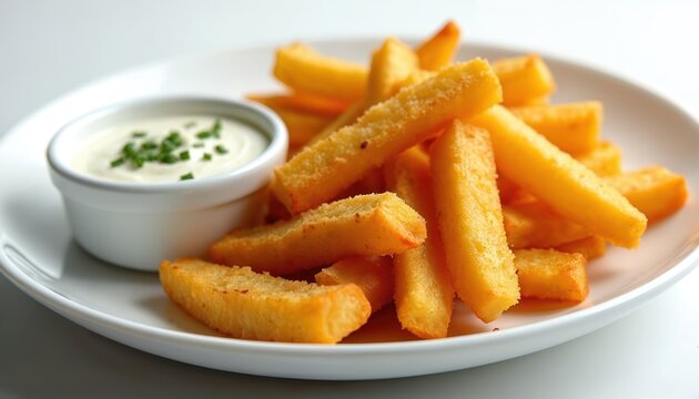 Golden fried polenta sticks, also known as mandioca frita, served with creamy dip. Popular snack or appetizer, perfect for casual dining or culinary presentations.