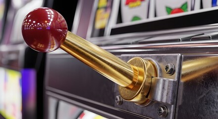 Close-up view of a slot machine lever with a red handle and gold accents.