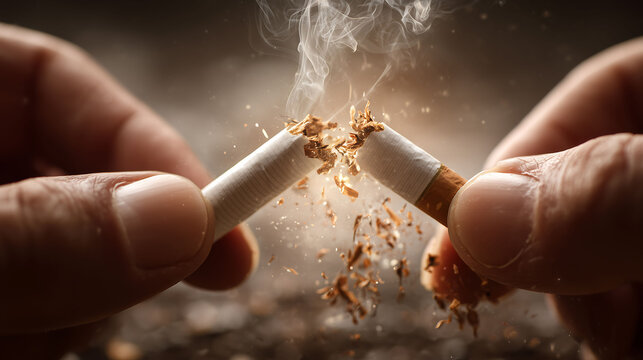 Two hands break a lit cigarette in half, with tobacco scattering and smoke rising, symbolizing determination to quit smoking and start a healthier life
