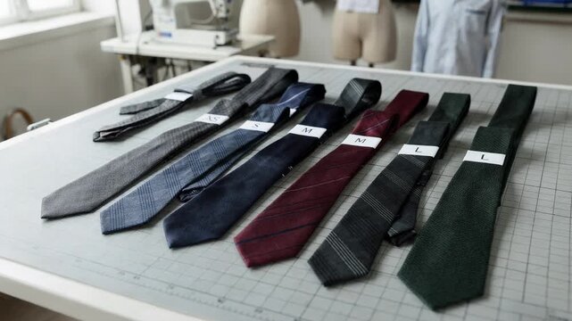 Medium shot of teen boys slim necktie samples in darker shades and contemporary designs demonstrating detailed size grading in a fashion workshop setting.