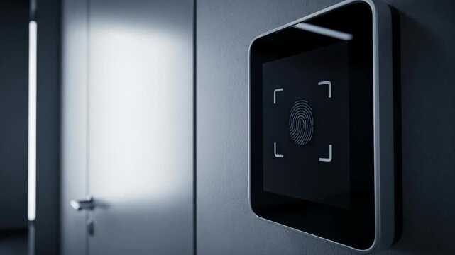 High-tech biometric security system displays fingerprint recognition, user interacts with touch sensor, showcasing advanced cyber security technology in action, camera follows motion