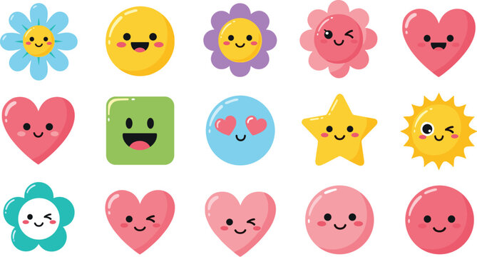 Cute cartoon smiley face collection featuring happy hearts stars sun and flowers with kawaii expressions isolated on white background for kids.