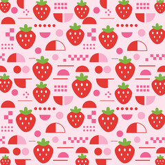 苺と幾何学モチーフのシームレスパターン（ピンク）：ポップないちごと丸・半円・ドットなどの幾何学モチーフを組み合わせた、甘くかわいいピンクのシームレスパターン。デザインペーパー, デザペ, ポストカード,  マスキングテープ, マステ, マスキングシールブックタイプ, フレークシール, ノートの表紙、100均ラッピングなどに最適。春の新生活や文具女子、SNS映えにも映える背景素材。
