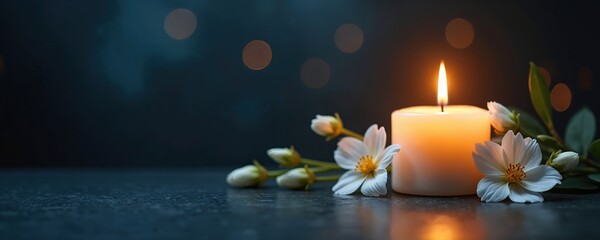 Burning candle and white flowers on dark background. Space for text. Grief, loss, and remembrance theme. Funeral or sympathy card design element. Peaceful memorial still life.