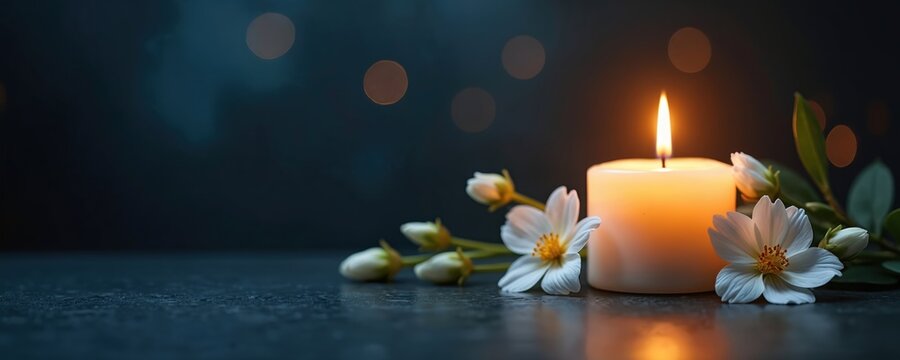 Burning candle and white flowers on dark background. Space for text. Grief, loss, and remembrance theme. Funeral or sympathy card design element. Peaceful memorial still life.