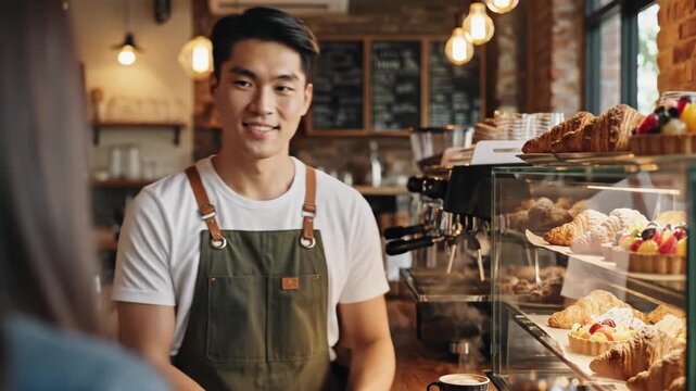 friendly asian barista in apron smiling at customer in cozy coffee shop. small business owner at work behind counter with fresh pastries and beverages.