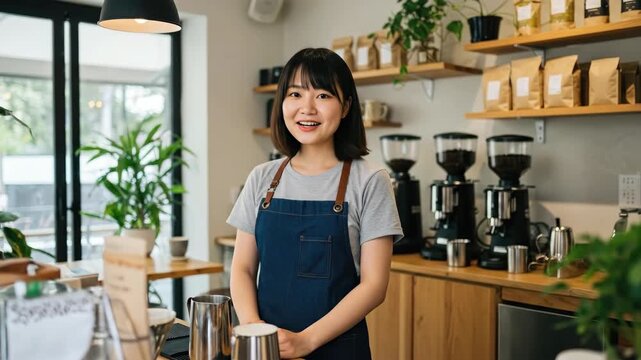 happy asian woman barista in apron making coffee at counter of modern cafe. professional pouring steamed milk for latte. small business and service concept.