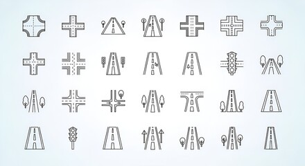 Roads and intersections icon set, transport concept