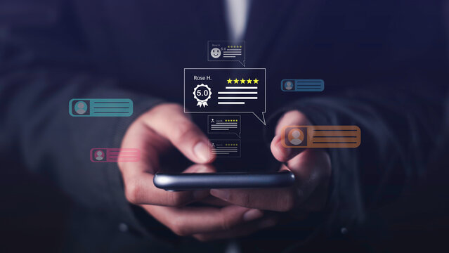 Online rating and customer review concept on mobile smartphone screen, showing five star feedback, client testimonials, and digital reputation management for local business marketing growth.