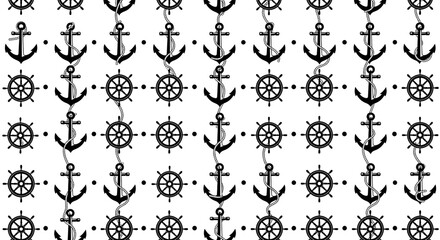 Obraz premium Nautical pattern with anchors and ship wheels on white background