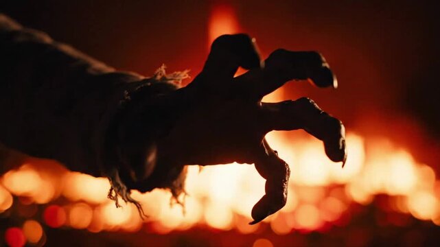 Hand reaches out from fire in a dimly lit environment during a tense moment at night