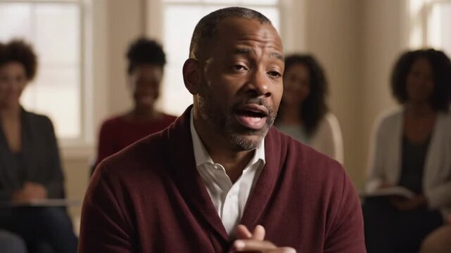 Man talks to group about life lessons and personal growth in a classroom setting