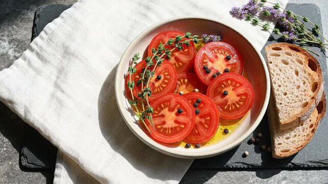 Fresh ripe tomatoes seasoned with olive oil herbs and sliced bread.