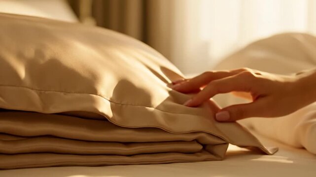 Luxurious Silk Bedding Close-Up - A Hand Gently Touches Soft Golden Sheets in a Warm Cozy Bedroom Setting Evoking Comfort and Premium Lifestyle