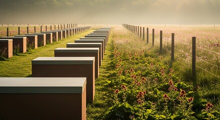 Obraz premium Beehives in a field, apiary, honey production, agriculture, sunrise, nature, landscape