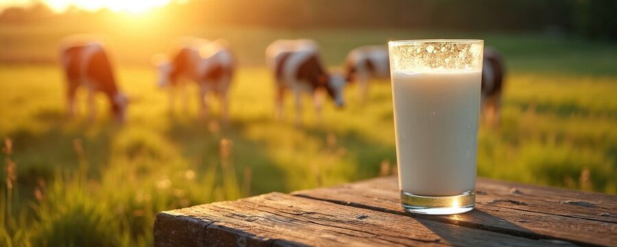 Glass of fresh milk sits on rustic wood table. Cows graze in green field at warm sunrise. Rural farm offers organic dairy beverage, healthy nutrition.