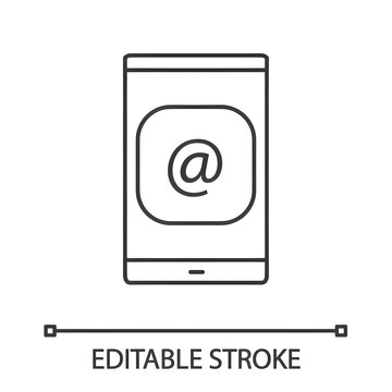 Smartphone screen with arroba sign linear icon. Mail app. Thin line illustration. E-mail address. Contour symbol. Vector isolated outline drawing. Editable stroke