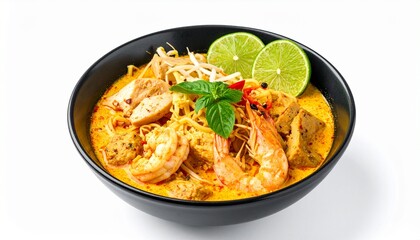 Spicy coconut noodle soup with prawns and fish cake called laksa