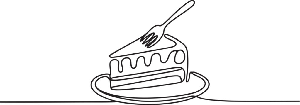 Single one line drawing a slice of cake of the devil on a small plate with a fork stuck into the cake. Very delicious cake. National Food of Devil Cake. one line Icon drawing