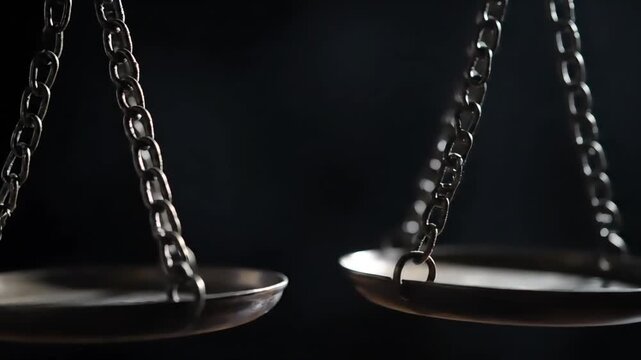 Close-up of metal balance scales with chains on a dark background, conveying a sense of justice and equality