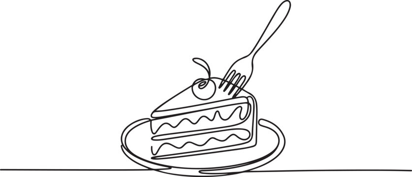 Single one line drawing a slice of cake of the devil on a small plate with a fork stuck into the cake. Very delicious cake. National Food of Devil Cake. one line Icon drawing