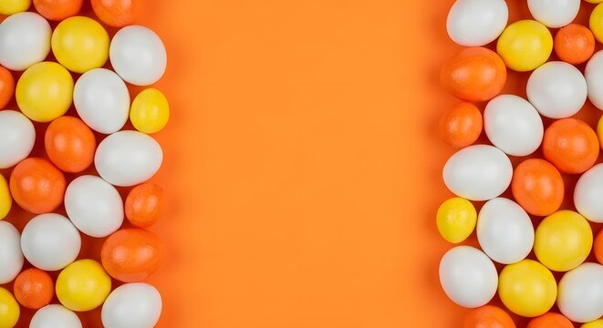 Vibrant easter eggs border on orange background