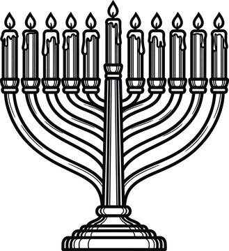 Black and white illustration of Hanukkah menorah with nine lit candles including shamash, traditional Jewish candelabrum symbolizing Festival of Lights celebration