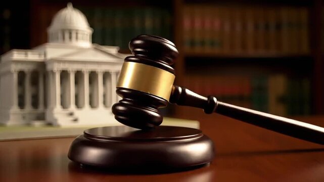 Close-up of a gavel on a sound block with a blurred government building model in the background on a wooden desk