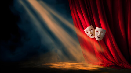 Theatrical masks on red curtain with dramatic stage lighting