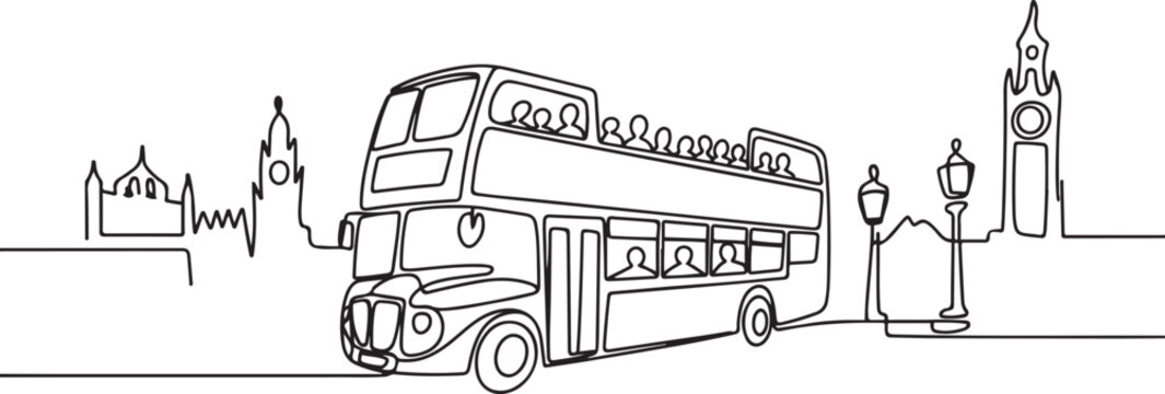 Continuous one line drawing double decker buses take tourists around the city to enjoy old city tour package. A promising transportation business. one line Icon drawing