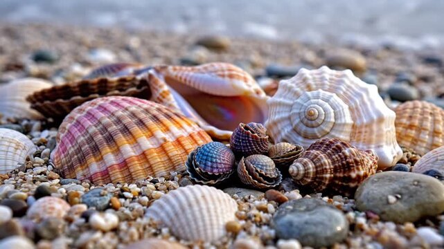 Seashells and pebbles on a beach with waves in the background