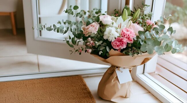 A beautiful bouquet of flowers is placed by a doorstep with a blank tag for personalization