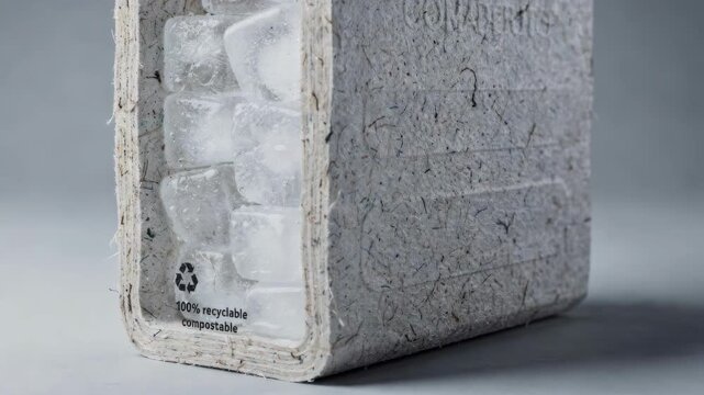 Medium shot focusing on paperlaminate ice packaging emphasizing textured recyclable layers designed for compostable waste solutions.