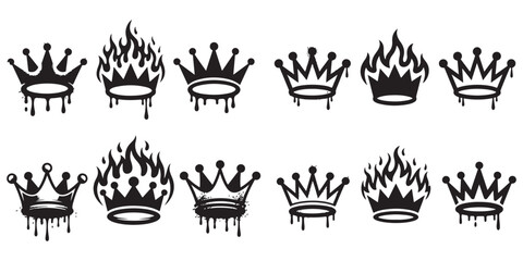 Black graffiti crowns with fire flames and ink drips for aggressive street style and urban apparel design © Siyam Islam