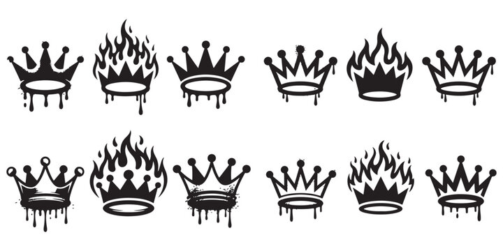 Black graffiti crowns with fire flames and ink drips for aggressive street style and urban apparel design