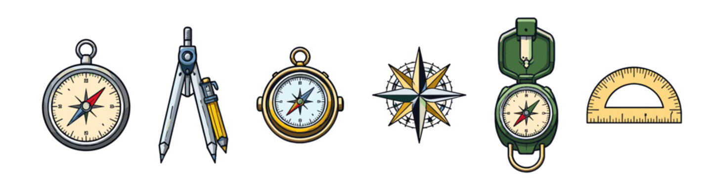Collection of navigational and drawing tools including compasses, protractor, and drafting compass