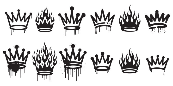 Graffiti spray painted crowns with dripping paint and flames abstract vector illustration