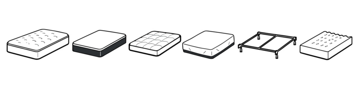 Collection of various mattress types and a bed frame in a simple line art style