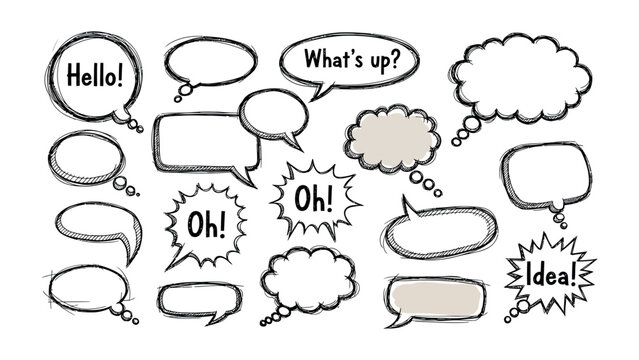 Dialogue Bubbles : A variety of dialogue bubbles, each with a unique shape and style, floating on an airy backdrop. They stand as visual representation for ideas, thoughts and expressions.