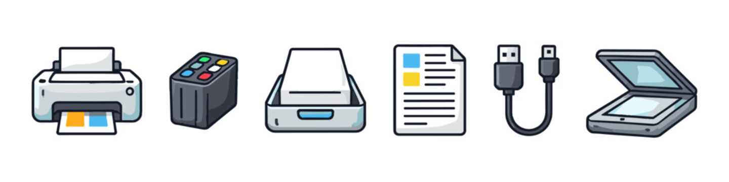 Set of office technology icons including printer, scanner, and USB cable