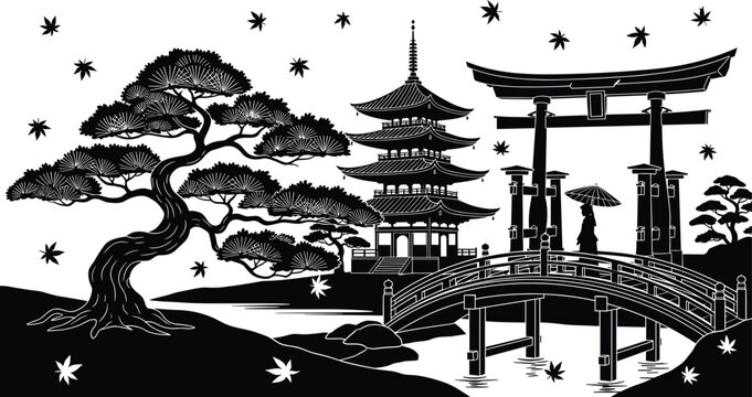 Black silhouette of traditional Japanese landscape featuring a pagoda temple torii gate bridge bonsai tree and autumn maple leaves for travel and culture concepts