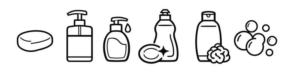 Plakat Collection of hygiene and cleaning product icons including soap, dispensers, and bubbles