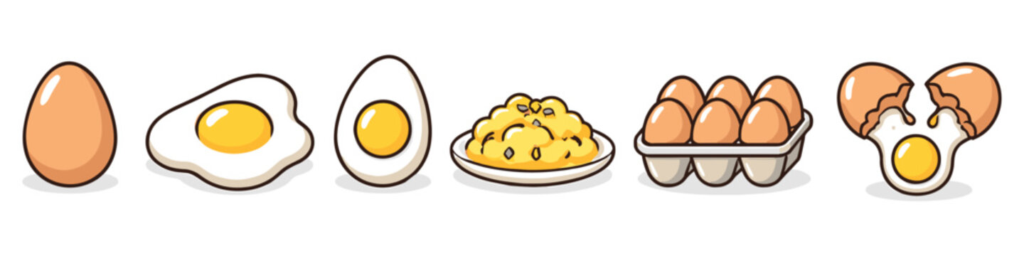 Cartoon egg set showing whole egg, fried egg, halved egg, scrambled plate, carton and cracked yolk